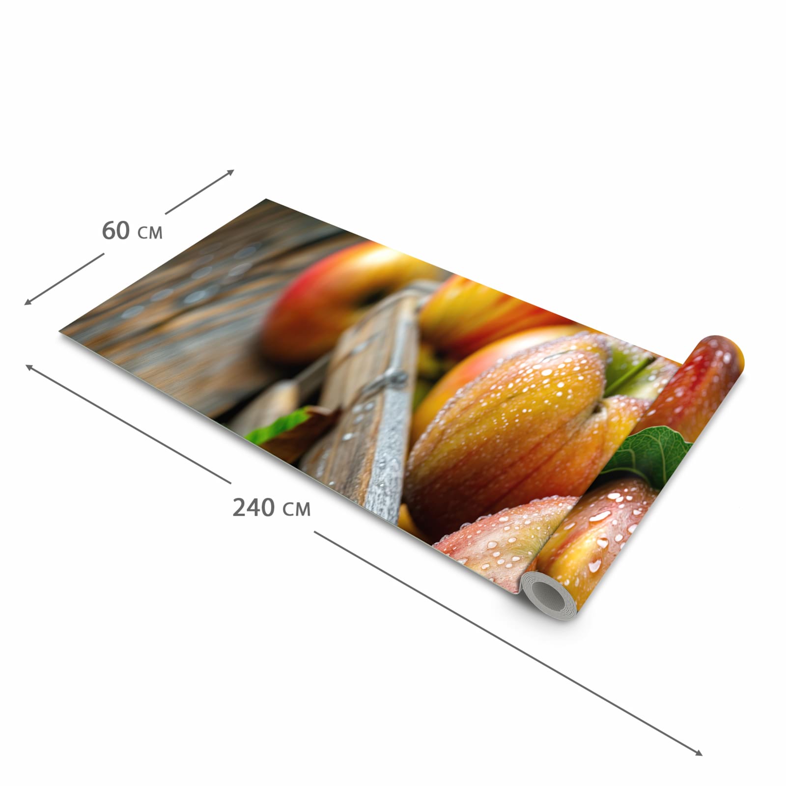 Komfortabler Küchenteppich mit Motiv Äpfel Holzkiste in der Grösse 60x180 cm