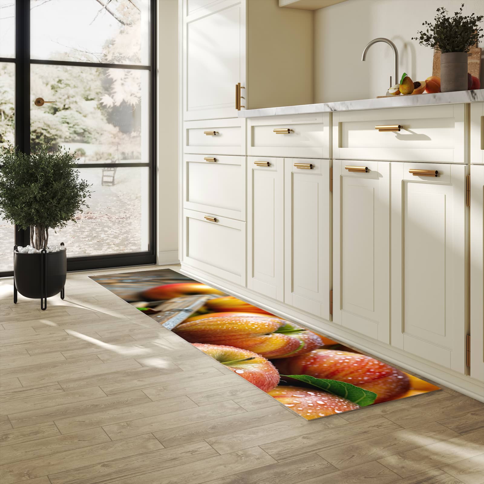 Komfortabler Küchenläufer nach Maß mit Motiv Äpfel Holzkiste in heller Küche
