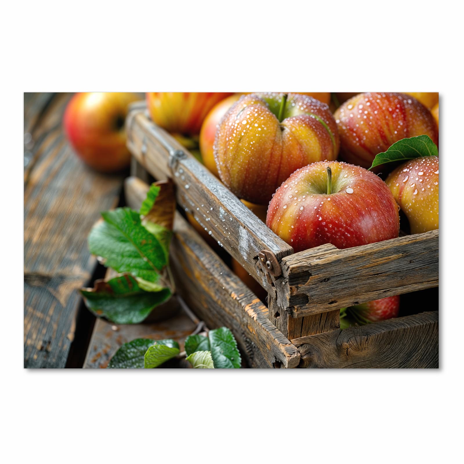 Feuchtigkeitsresistenter Küchenteppich mit Motiv Äpfel Holzkiste in Frontansicht
