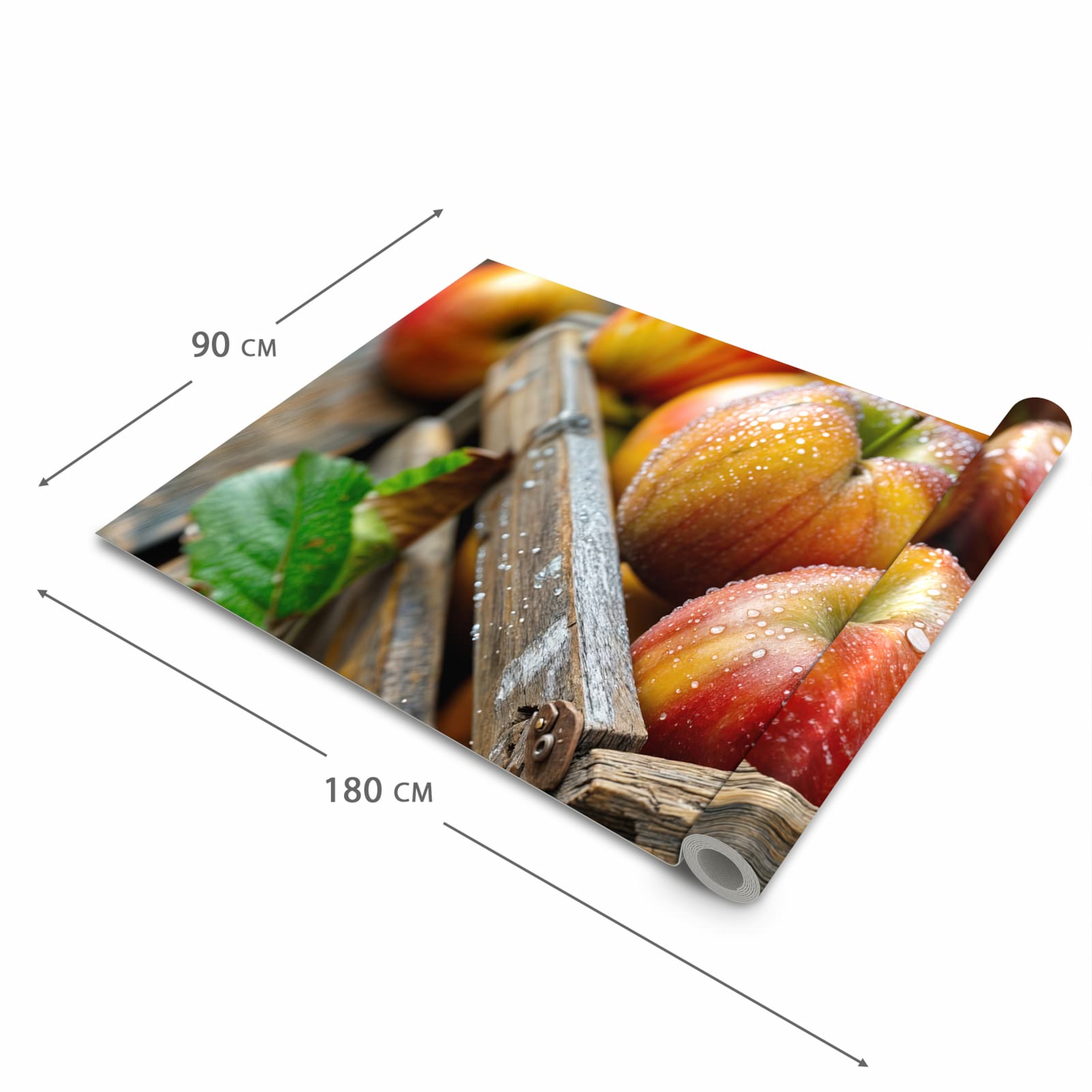 Komfortabler Küchenteppich mit Motiv Äpfel Holzkiste in der Grösse 60x180 cm für die Küche