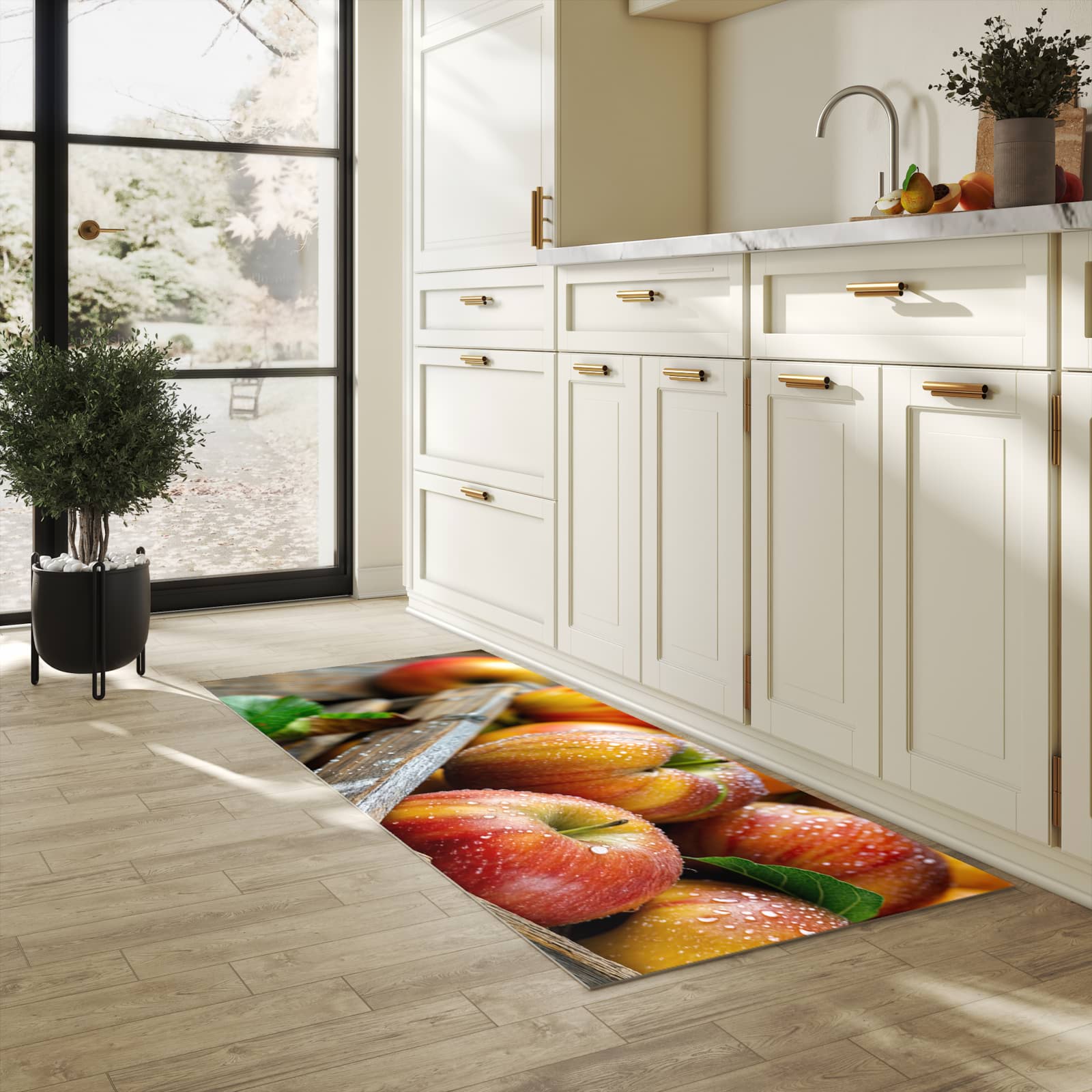 Abwaschbarer Küchenläufer mit Motiv Äpfel Holzkiste in heller Küche für angenehme Haptik