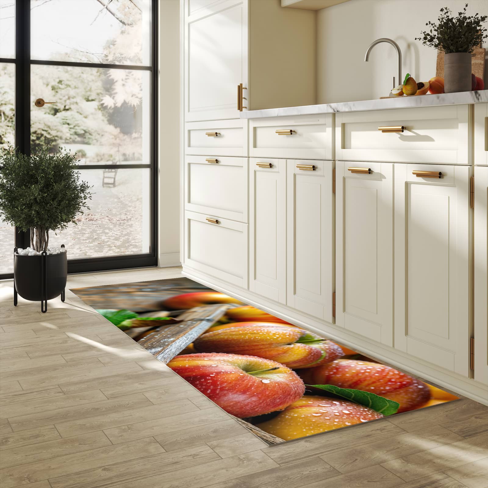Hygienischer Küchenteppich mit Motiv Äpfel Holzkiste in heller Küche - abwaschbar