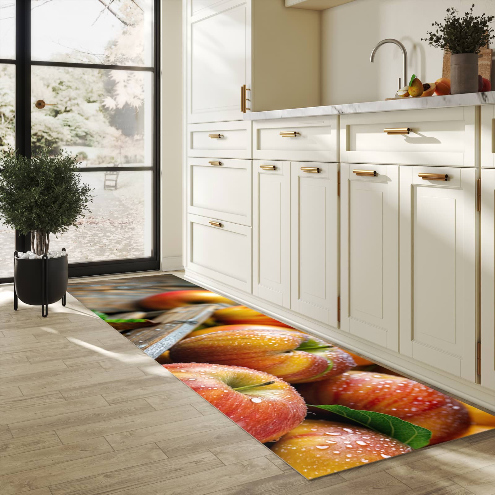 Waschbarer Küchenteppich mit Motiv Äpfel Holzkiste in heller Küche