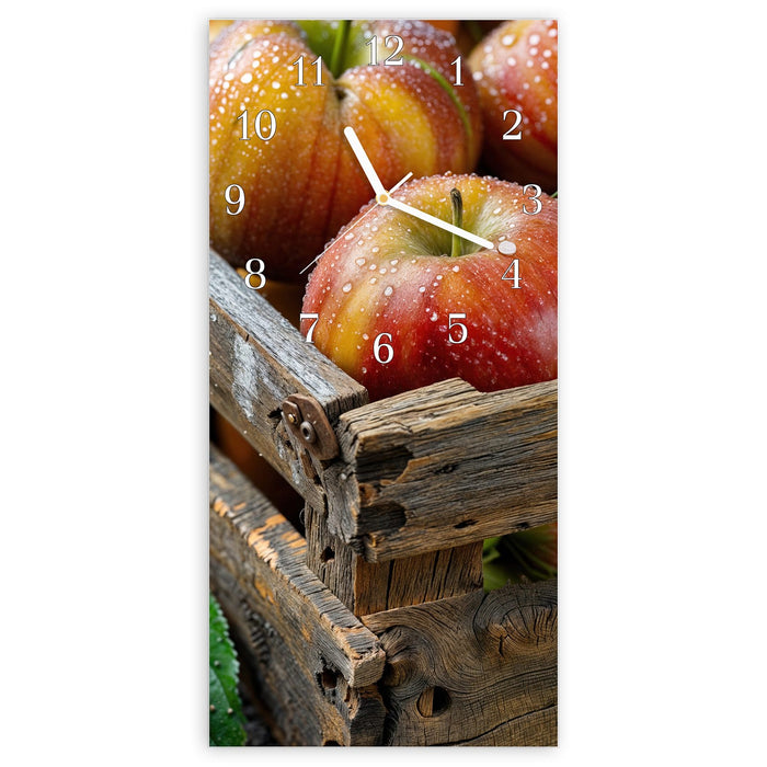Wanduhr Äpfel Holzkiste aus Glas – Hochformat 30 × 60 cm mit Ziffernblatt Klassisch