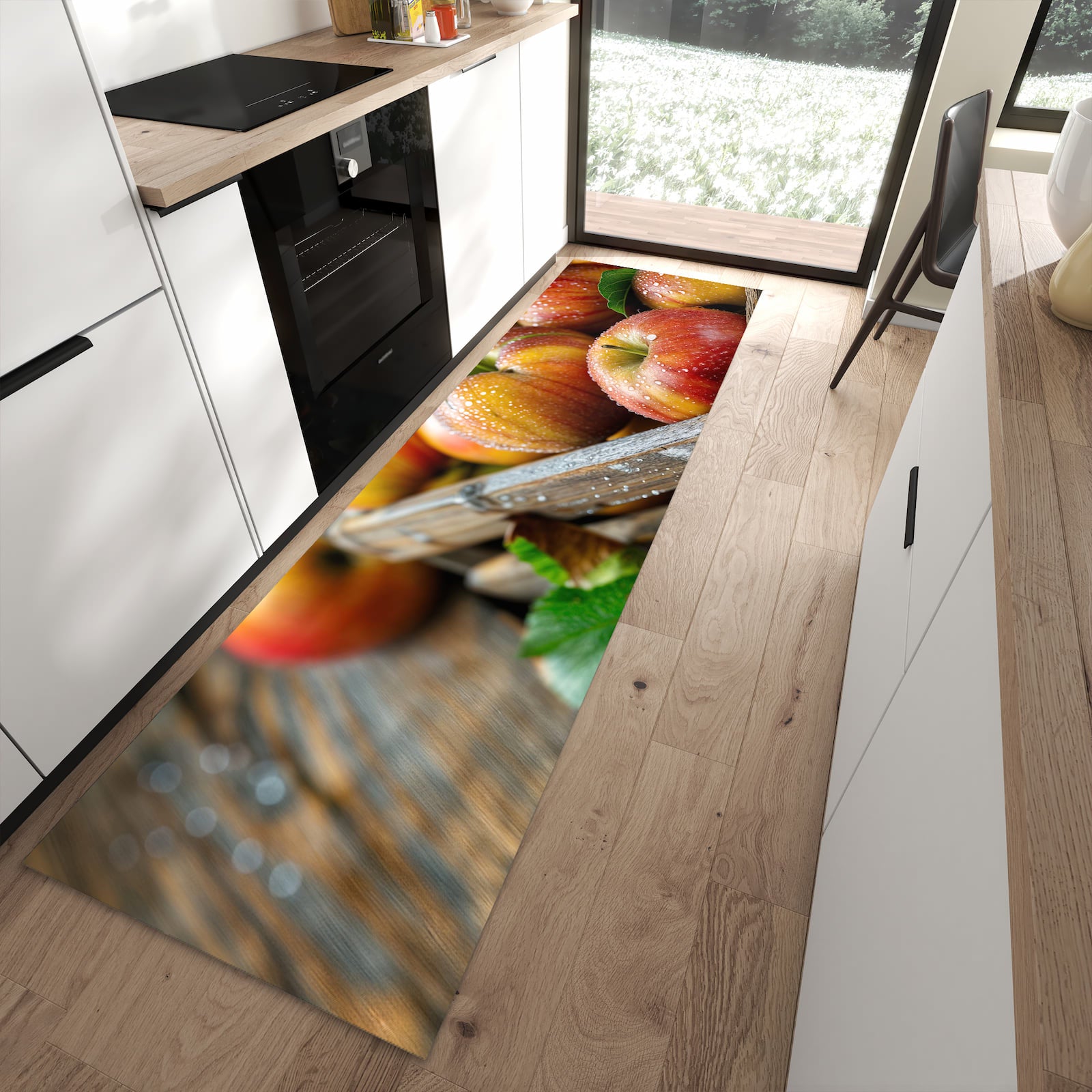 Langlebiger Küchenläufer mit Motiv Äpfel Holzkiste in moderner Küche