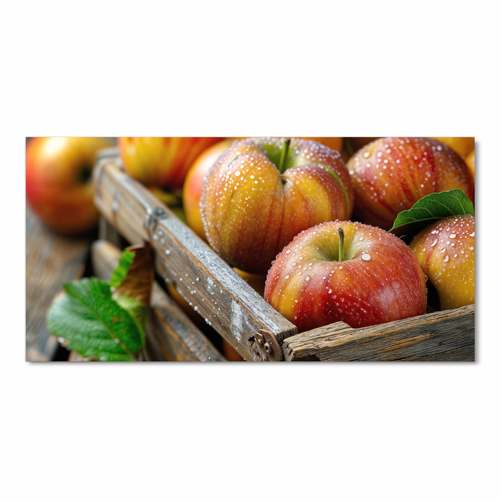 Komfortabler Küchenläufer mit Motiv Äpfel Holzkiste in Frontansicht für angenehmes Stehen