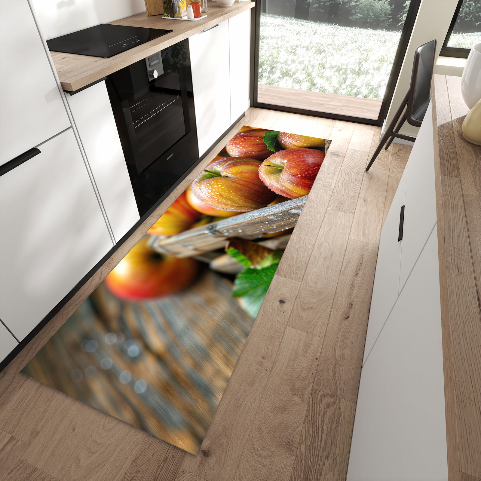 Geruchsneutraler abwaschbarer Küchenteppich mit Motiv Äpfel Holzkiste in moderner Küche