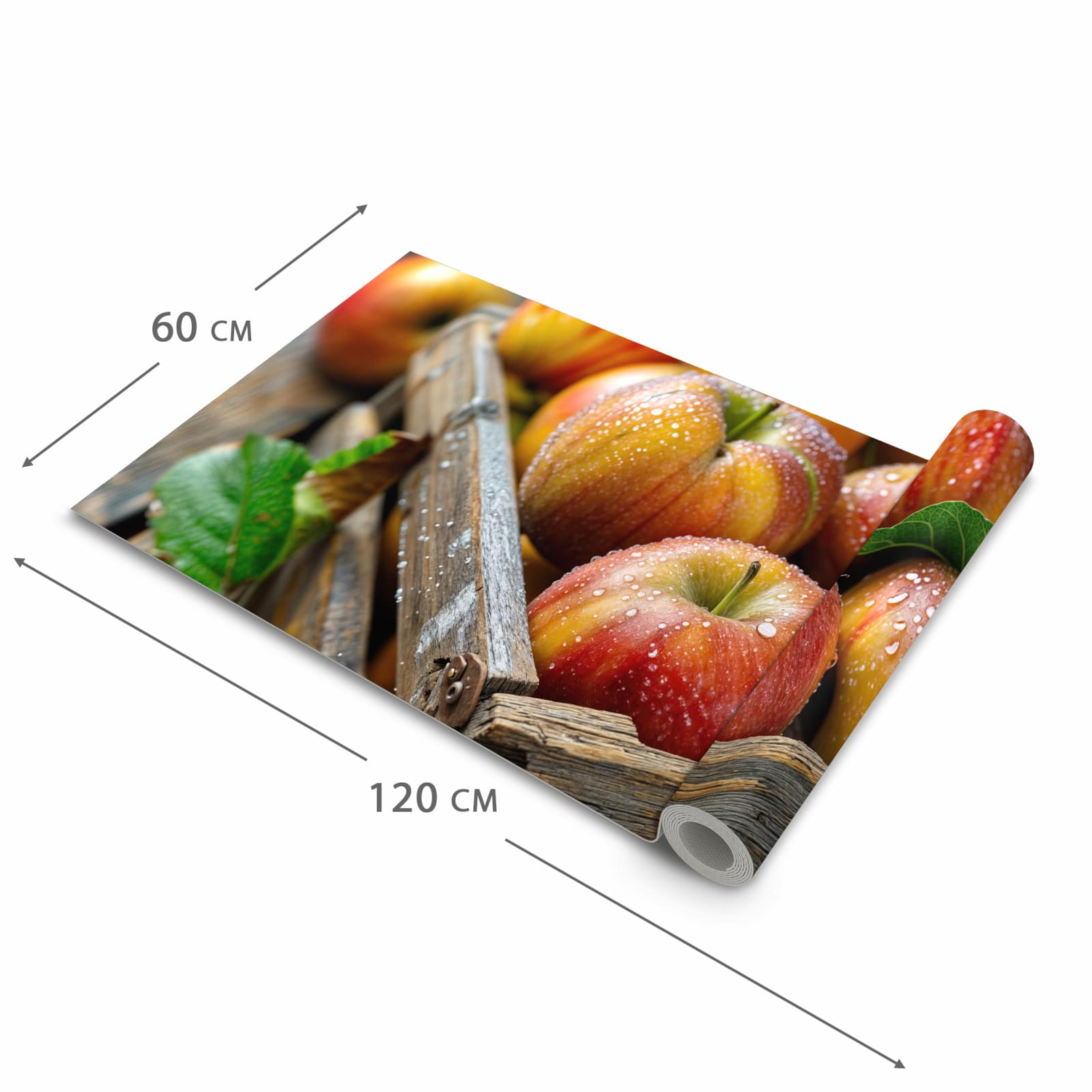 Geräuschdämpfender Teppich für die Küche mit Motiv Äpfel Holzkiste in der Größe 60x180 cm