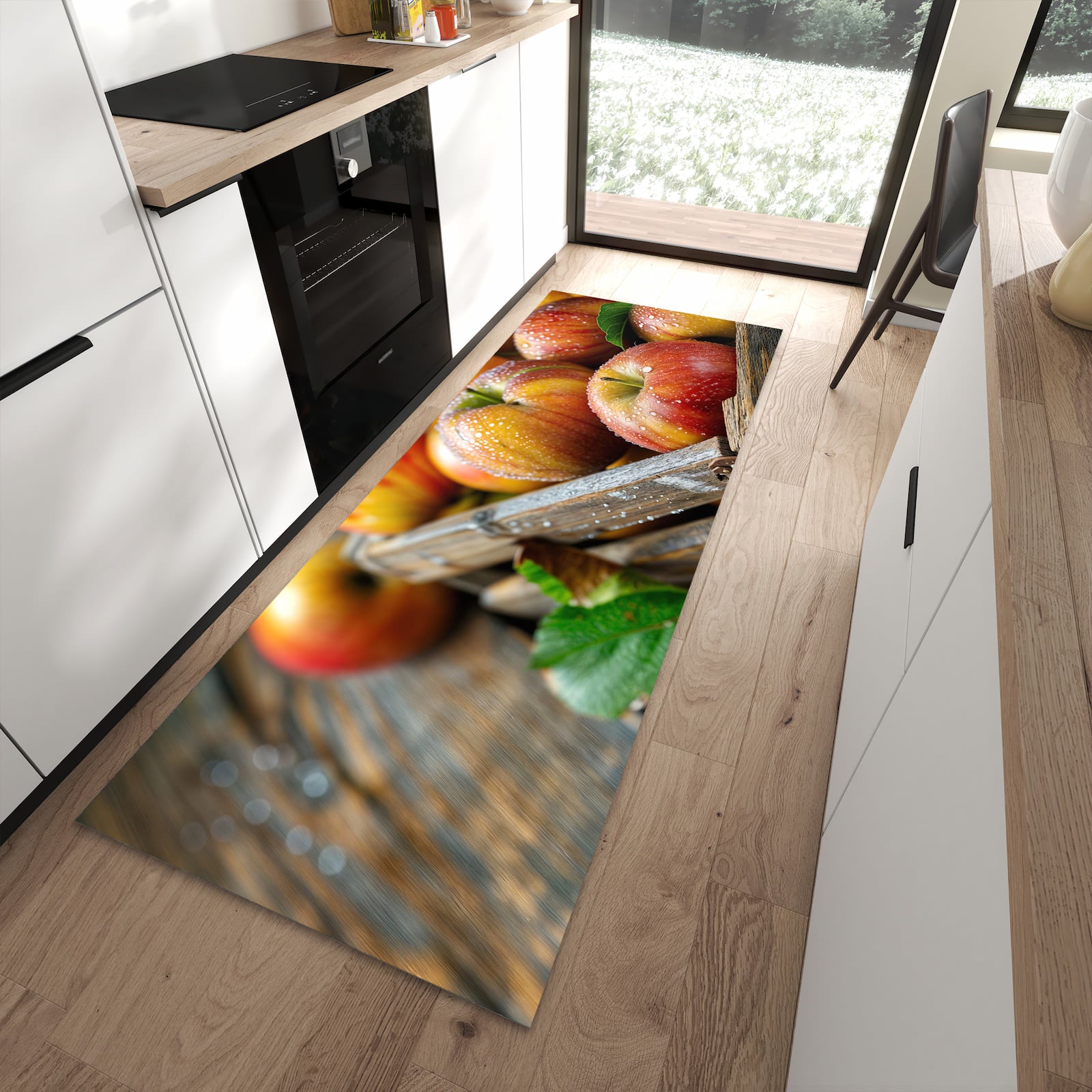 Komfortabler Küchenteppich mit Motiv Äpfel Holzkiste in moderner Küche