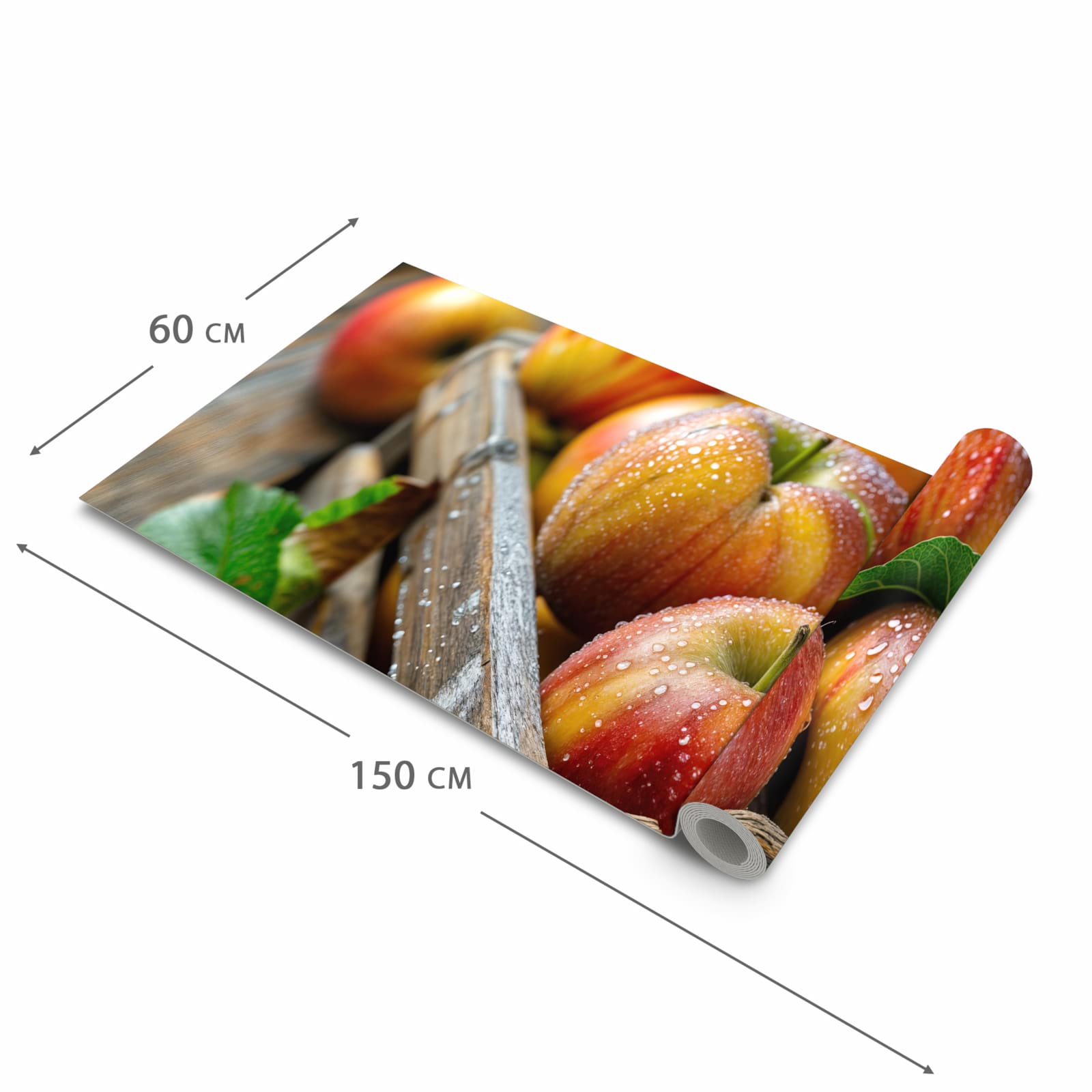 Abriebfester Küchenteppich mit Motiv Äpfel Holzkiste in der Grösse 60x180 cm