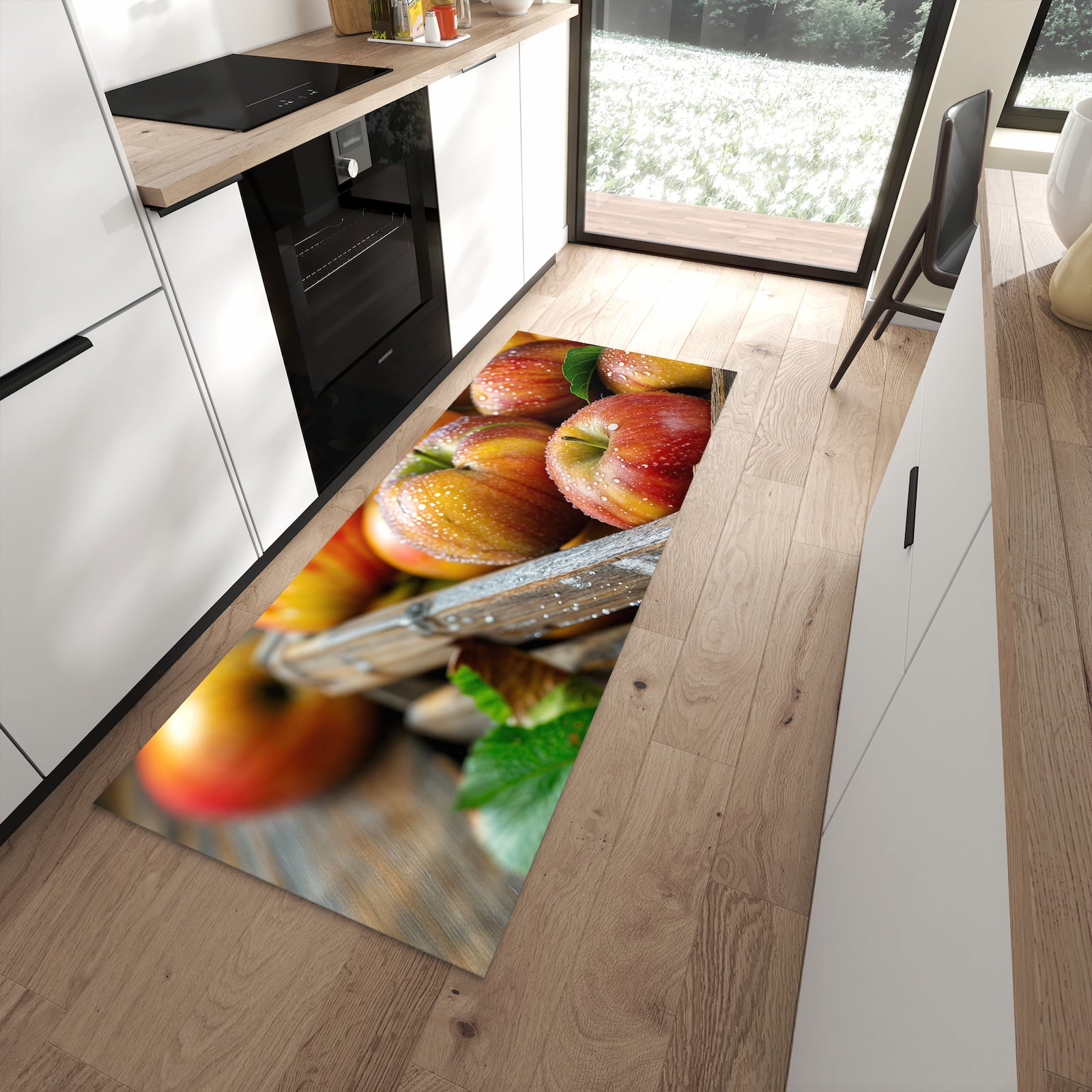 Schmutzabweisender Küchenläufer mit Motiv Äpfel Holzkiste in moderner Küche