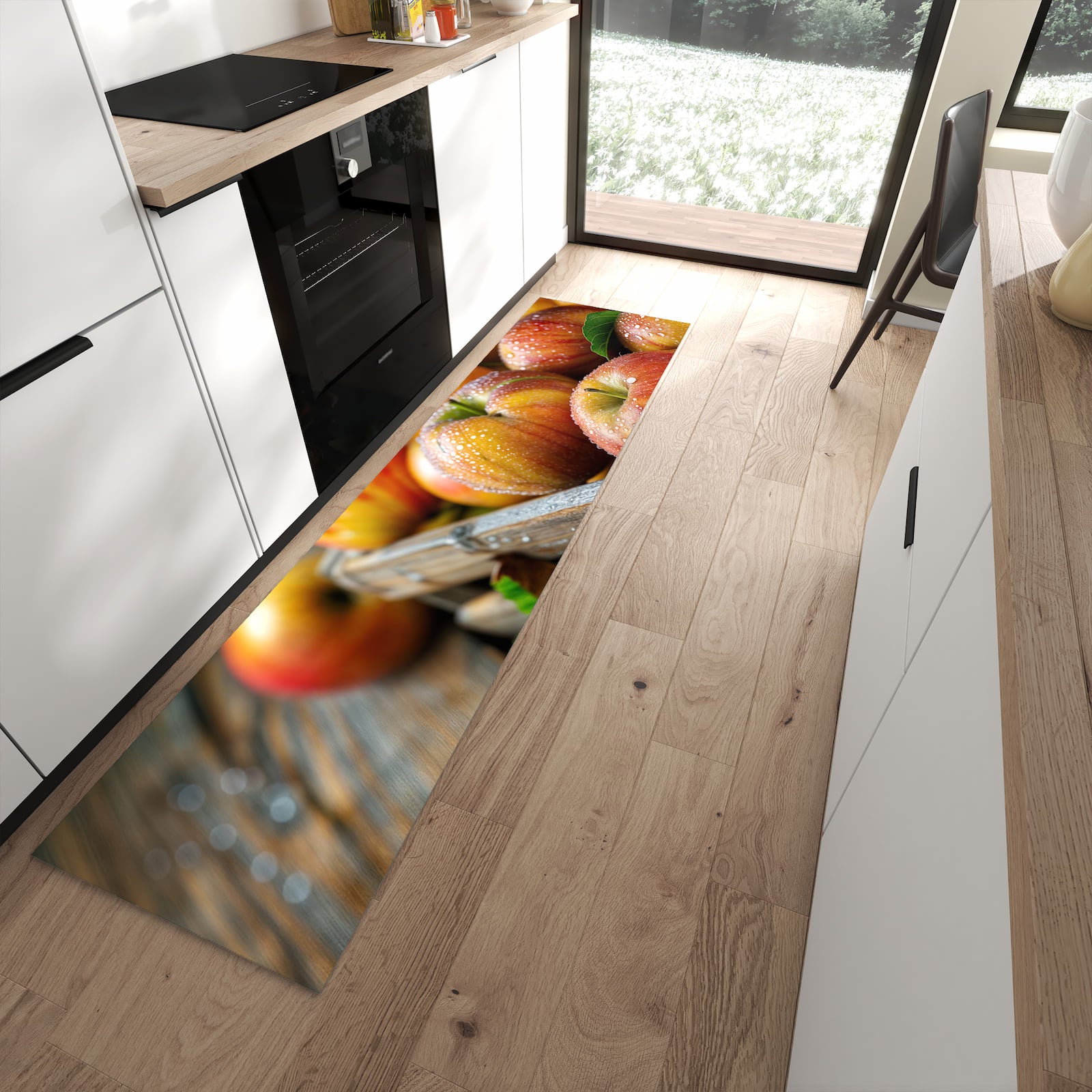 UV-beständiger Küchenläufer mit Motiv Äpfel Holzkiste in moderner Küche
