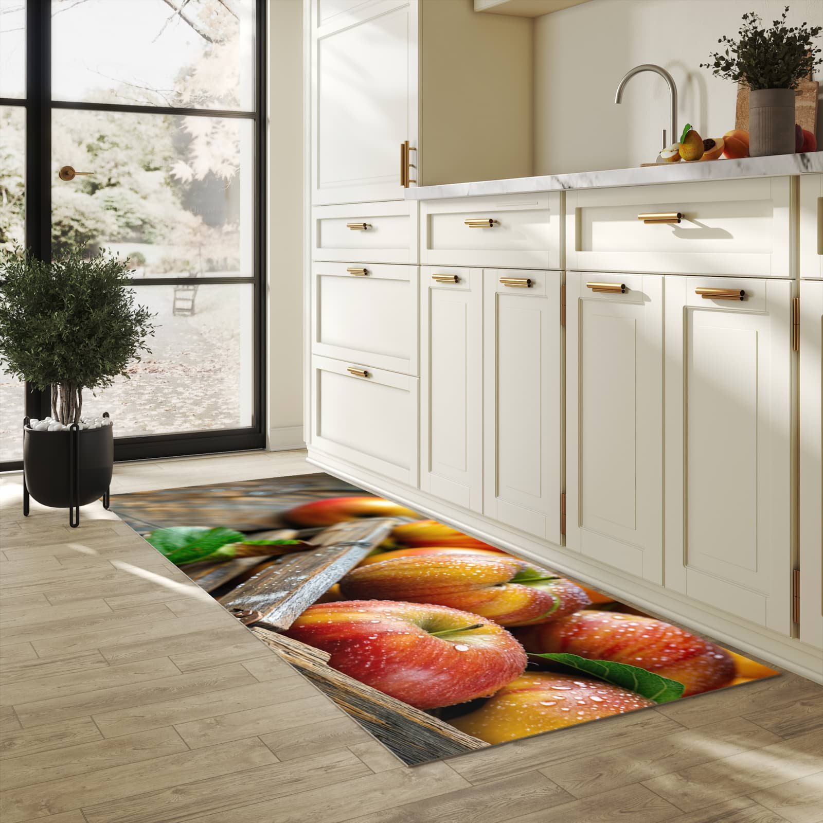 Rutschfester Küchenteppich mit Motiv Äpfel Holzkiste in heller Küche