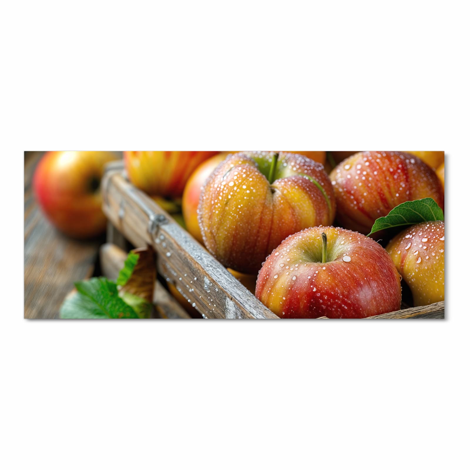 Hygienischer Küchenläufer nach Maß mit Motiv Äpfel Holzkiste in Frontansicht