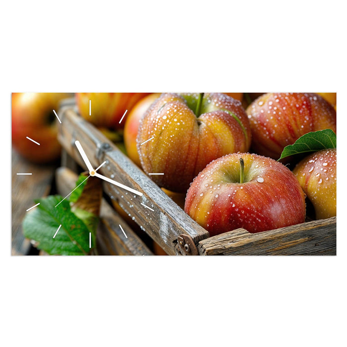 Wanduhr Äpfel Holzkiste aus Glas – Querformat 60 × 30 cm mit Ziffernblatt Linie