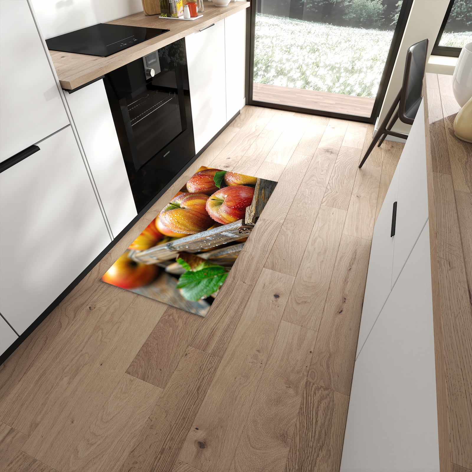 Zeitsparender rutschfester Küchenläufer mit Motiv Äpfel Holzkiste in moderner Küche #grösse_60 x 120 cm