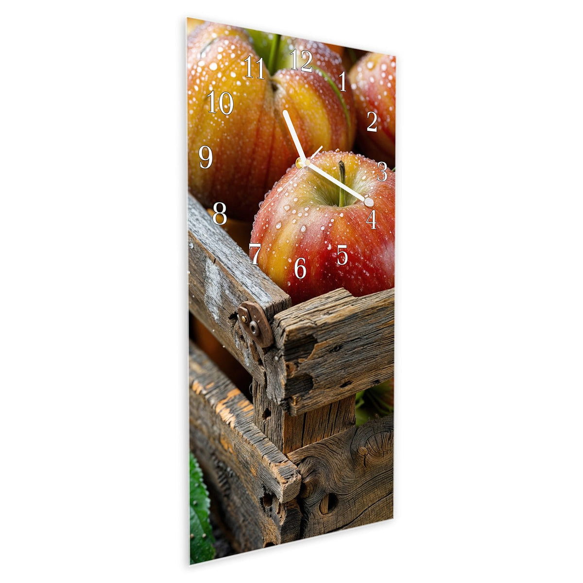 Vormontiert – mit Schwebeeffekt – Wanduhr Äpfel Holzkiste aus Glas – Hochformat 30 × 60 cm