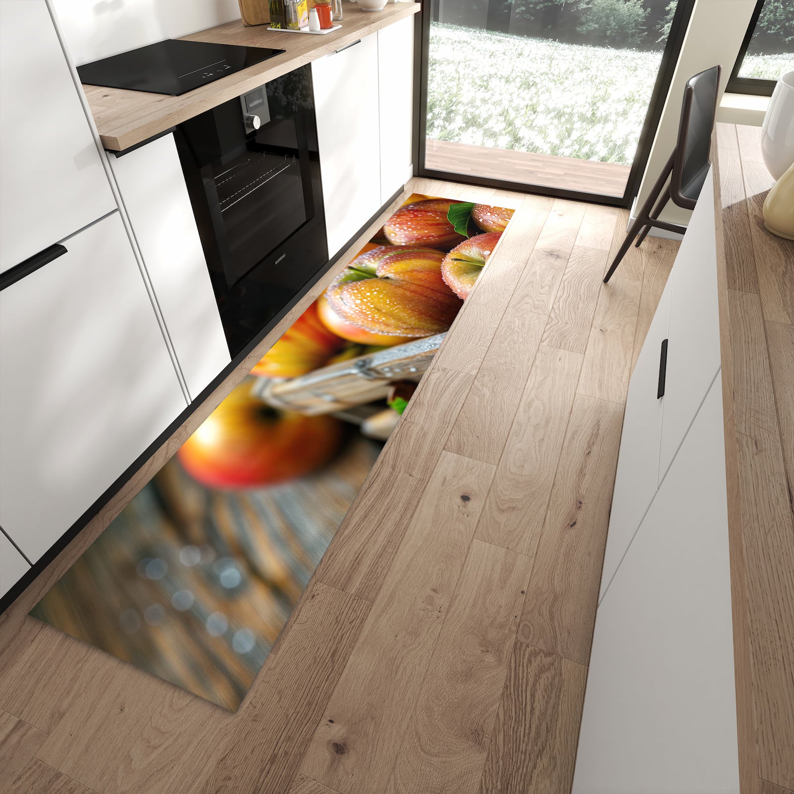 Komfortabler Küchenläufer nach Maß mit Motiv Äpfel Holzkiste in moderner Küche