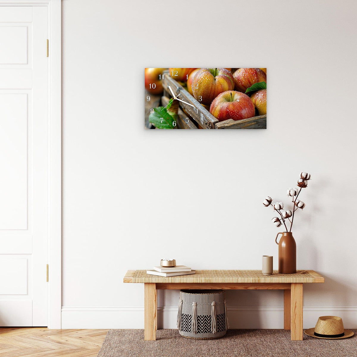 Moderne Wanduhr aus Glas mit Farbtiefe – Wanduhr Äpfel Holzkiste aus Glas – Querformat 60 × 30 cm