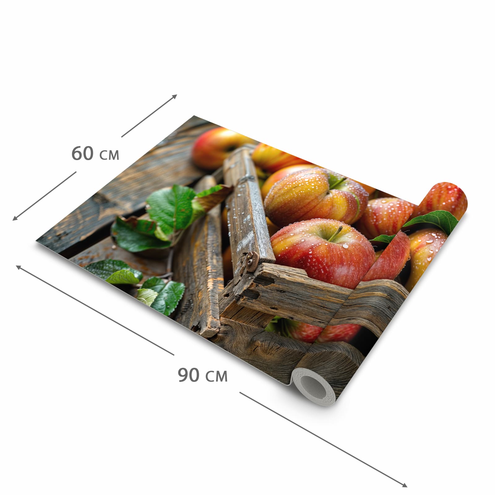 Schmutzabweisender Küchenteppich mit Motiv Äpfel Holzkiste in der Grösse 60x180 cm