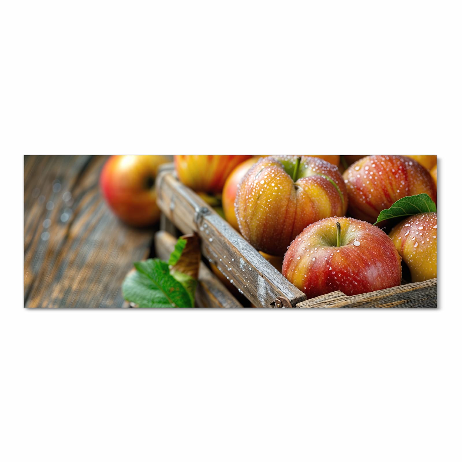 Farbbeständiger Teppich für die Küche mit Motiv Äpfel Holzkiste in Frontansicht