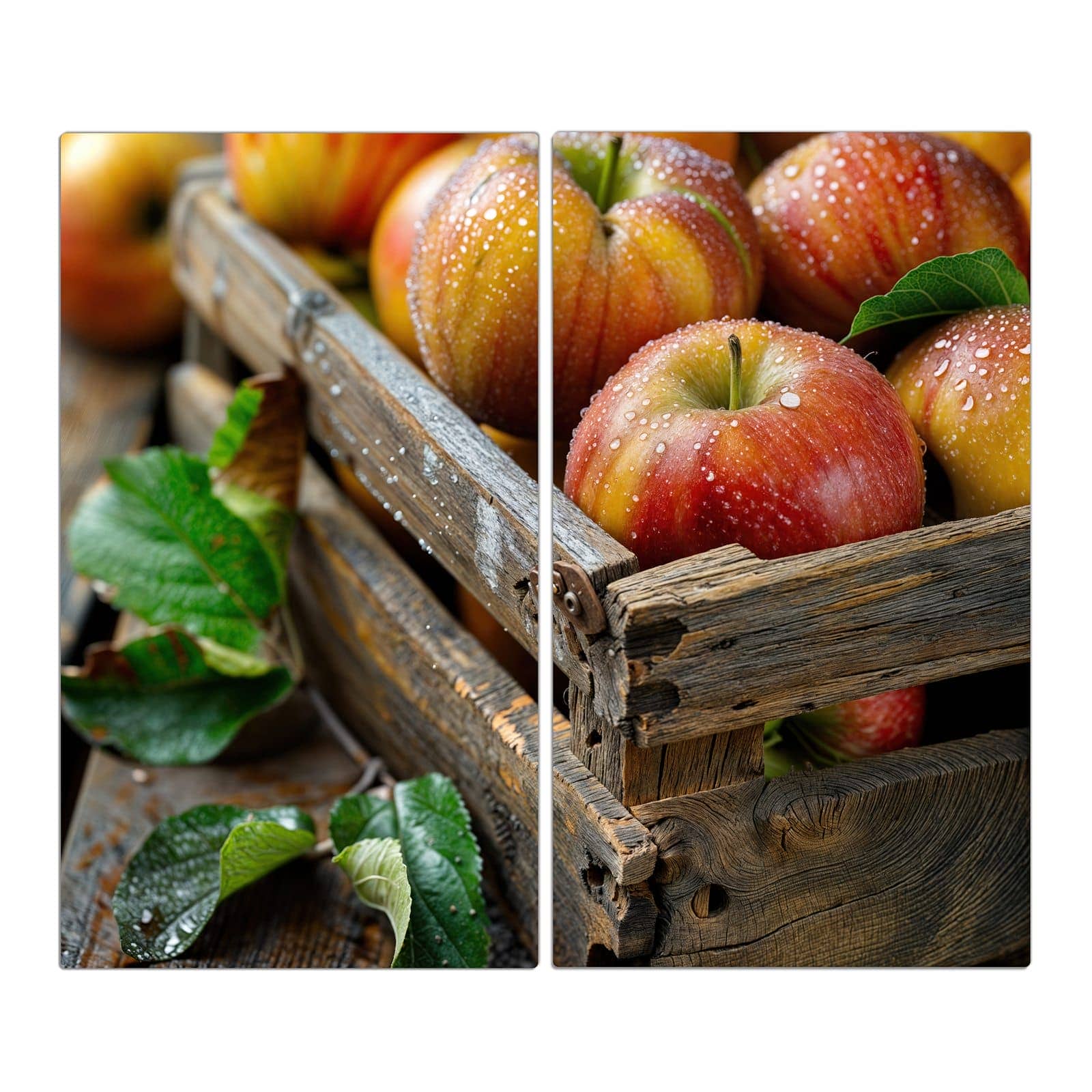 2-teilige Abdeckplatten für Herd mit Äpfel Holzkiste-Motiv in der Frontansicht #grösse_2-Teilig (60x52cm)