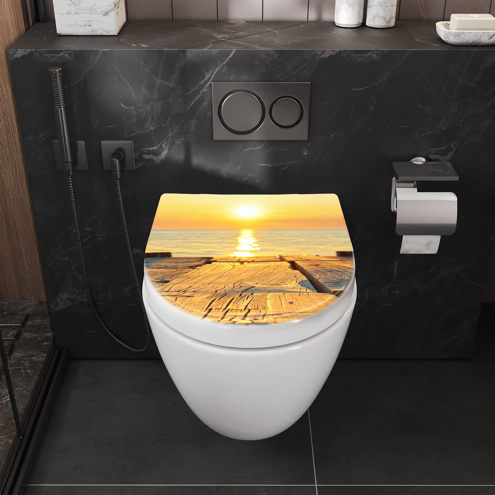 Leichter WC-Sitz mit Softclose und Motiv Sonnenuntergang & Meer in Badezimmer perspektive von vorne