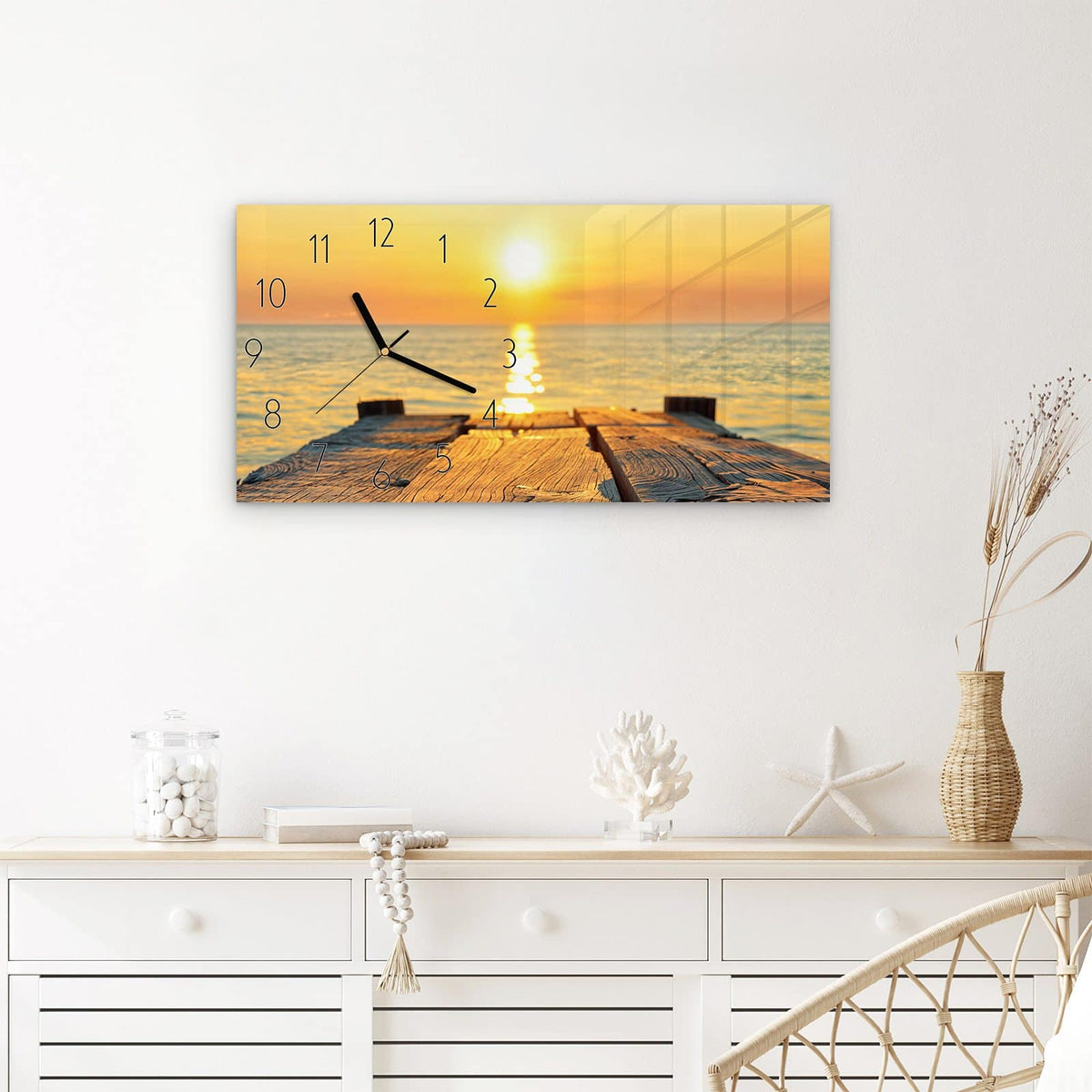 Wanduhr Sonnenuntergang & Meer aus Glas – Querformat 60 × 30 cm – Holzsteg ins goldene Meer