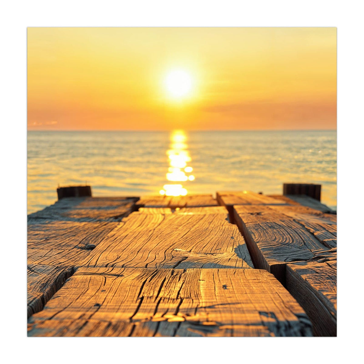 Küchenrückwand aus Glas Holzsteg am Meer im quadratischen Format, Motiv bildfüllend von vorn