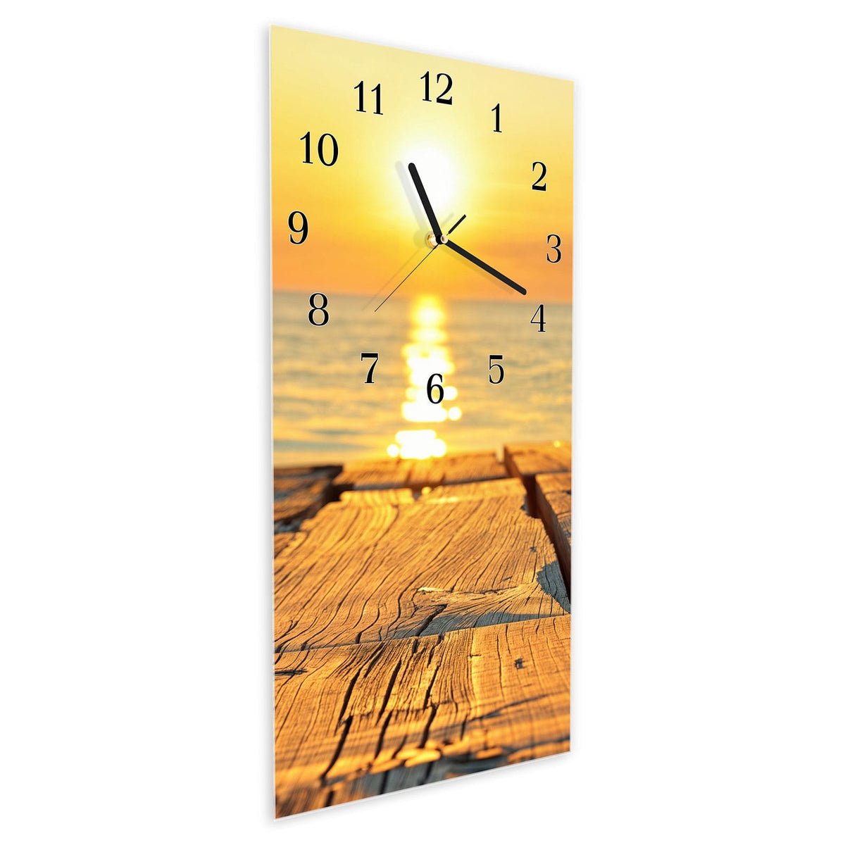 Vormontiert – mit Schwebeeffekt – Wanduhr Sonnenuntergang & Meer aus Glas – Hochformat 30 × 60 cm