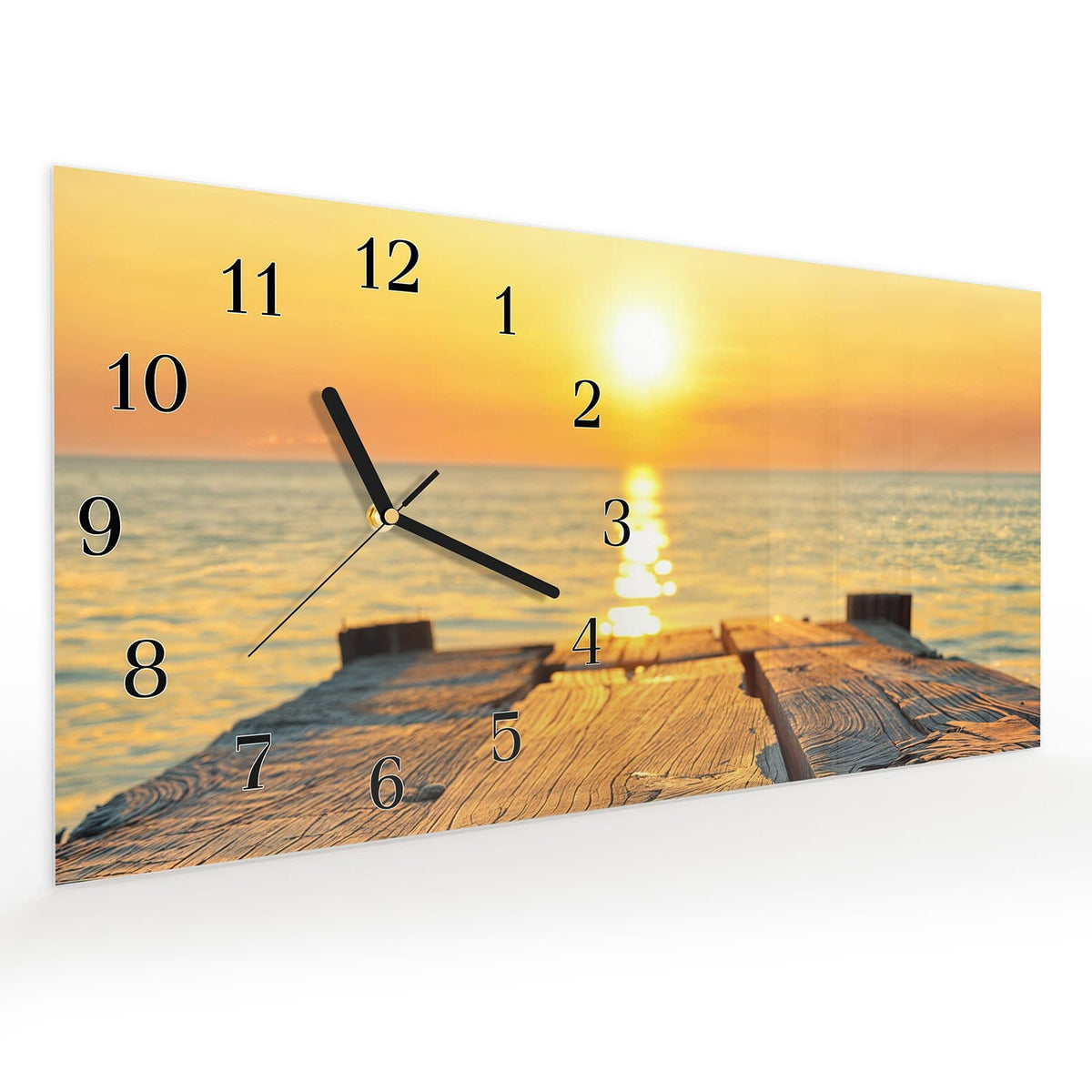 Vormontiert – mit Schwebeeffekt – Wanduhr Sonnenuntergang & Meer aus Glas – Querformat 60 × 30 cm