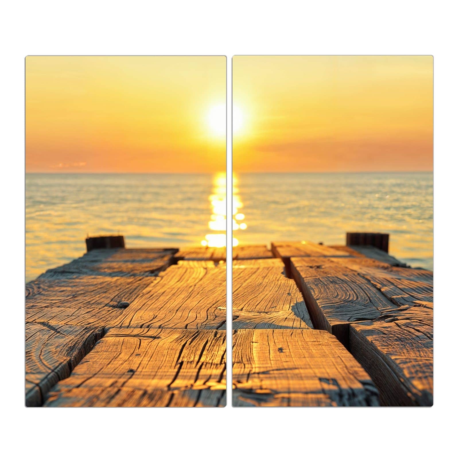 2-teilige Herdabdeckung aus Glas mit Sonnenuntergang & Meer-Motiv in der Frontansicht