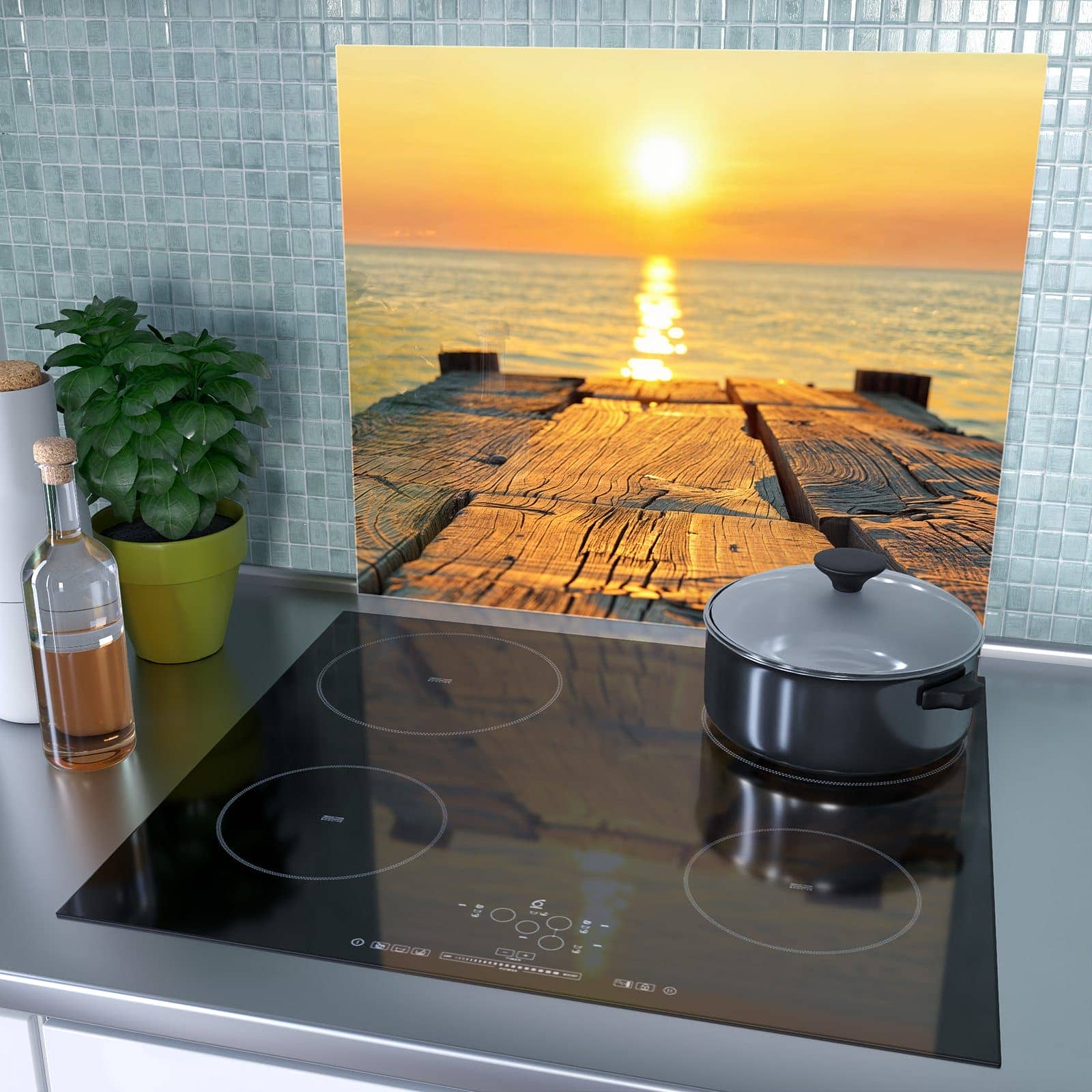 2-teilige Herdabdeckung mit Sonnenuntergang & Meer-Motiv auf dem Ceranfeld