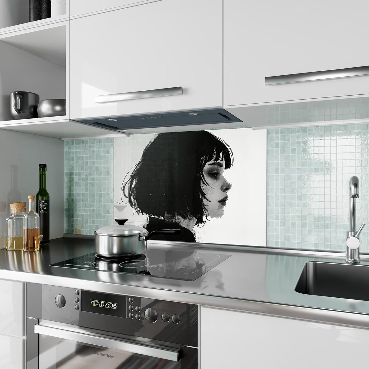 Küchenrückwand aus Glas Schwarzer Bob im Profil im Hochformat als Spritzschutz hinter dem Kochfeld, über dem Fliesenspiegel montiert