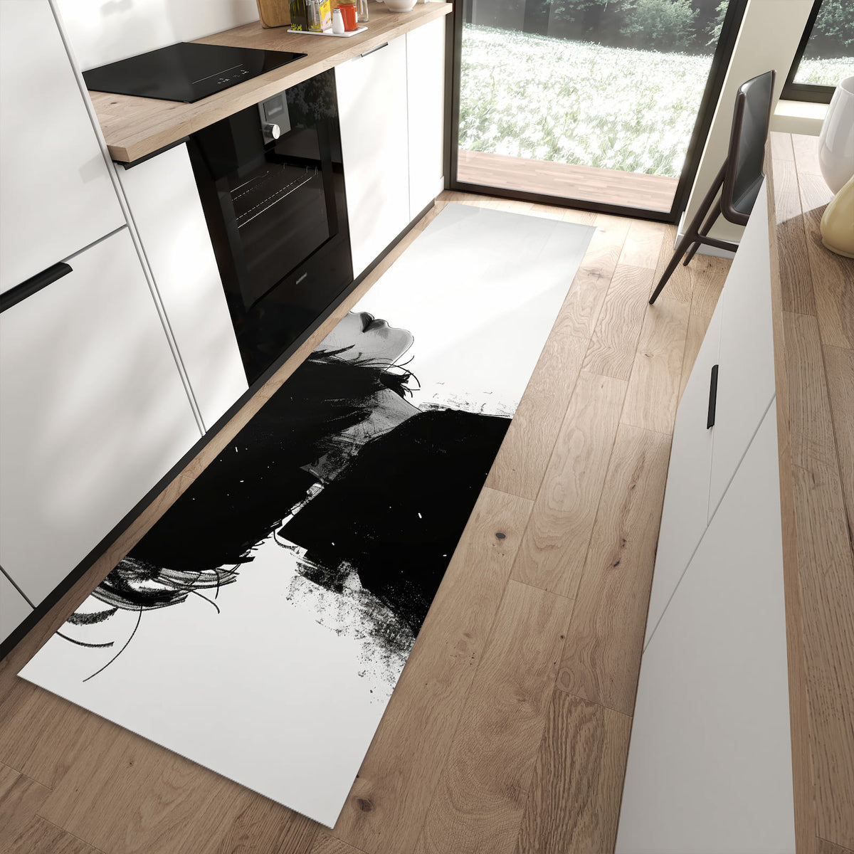 Bodenschonender Küchenläufer mit Motiv Silhouetten Porträt in moderner Küche