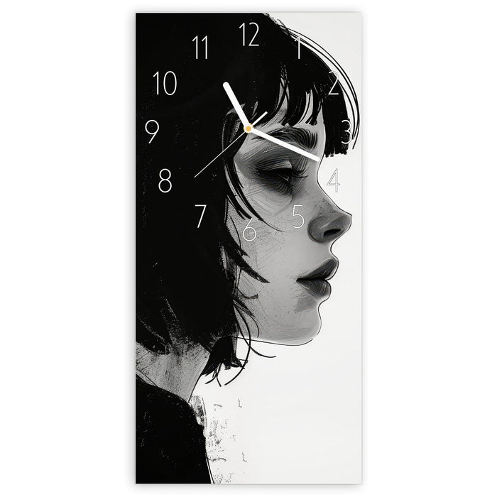 Wanduhr Silhouetten Porträt aus Glas – Hochformat 30 × 60 cm mit Ziffernblatt Elegant