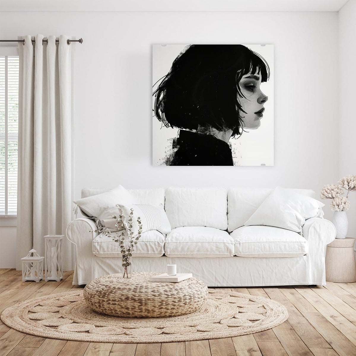 Glasbild Schwarzer Bob im Profil an der Wand – Schwarz-weißes Profil eines Mädchens mit schwarzem Bob und geschlossenen Augen