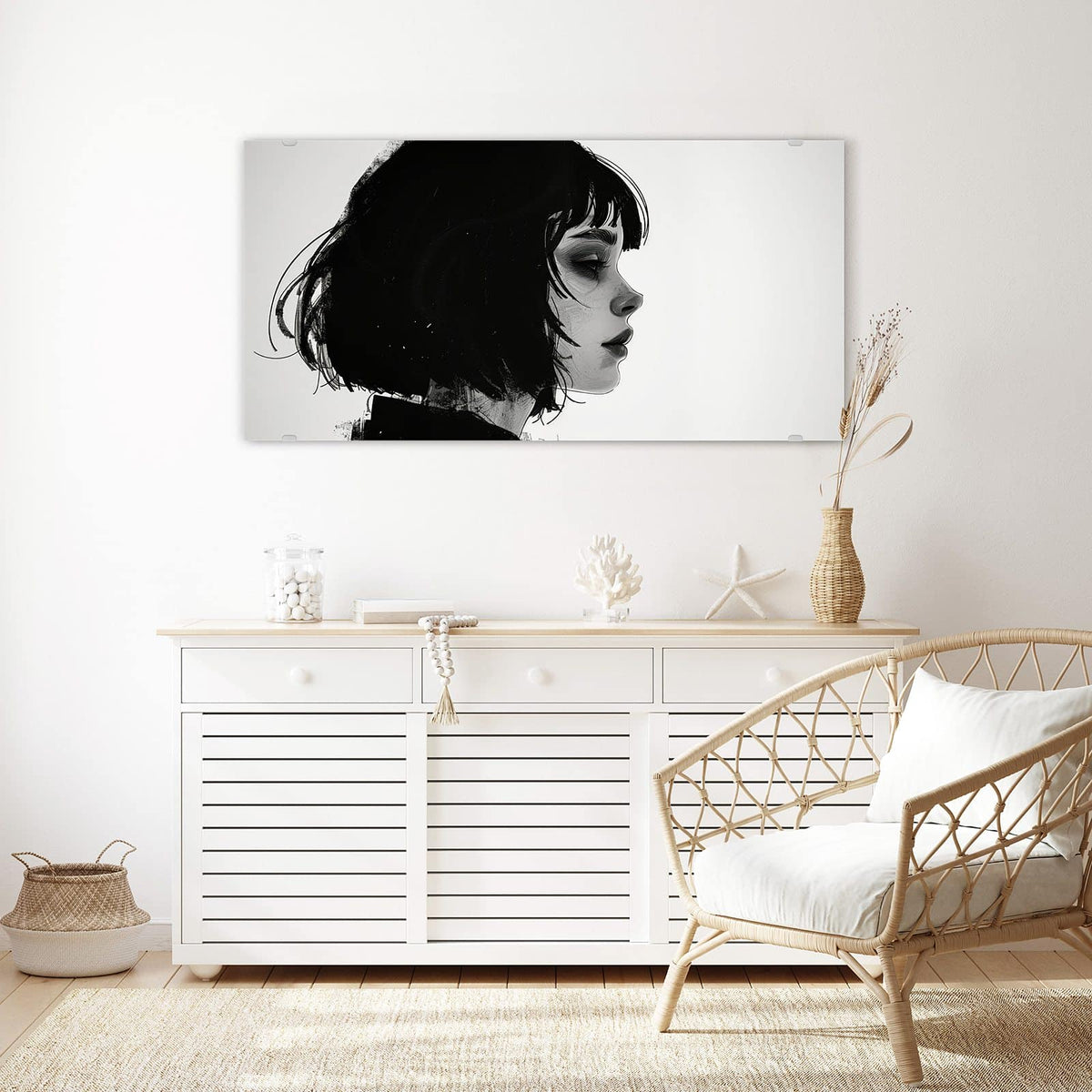 Echtglas, 4 mm – kein Acryl, keine Folie – Wandbild - Schwarzer Bob im Profil - Querformat