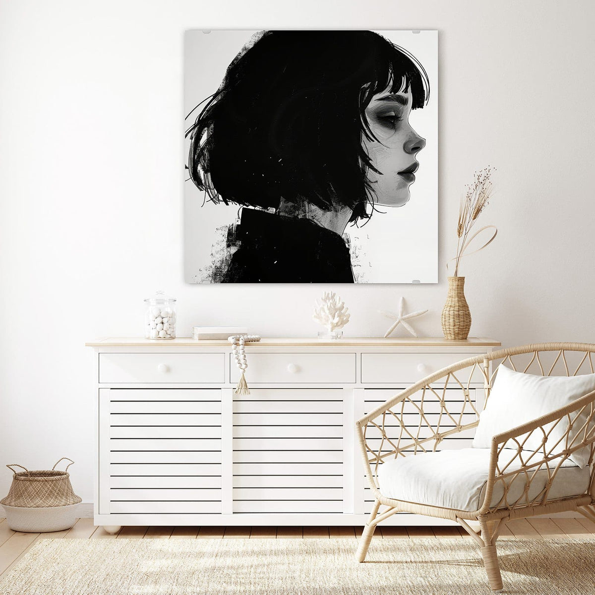 Echtglas, 4 mm – kein Acryl, keine Folie – Wandbild - Schwarzer Bob im Profil - Quadratisch