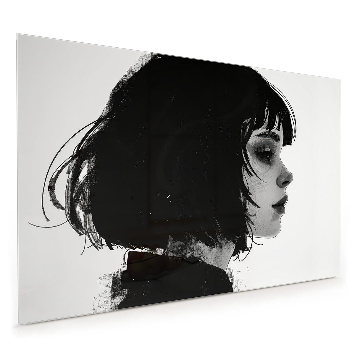 Küchenrückwand aus Glas im Hochformat: Schwarz-weißes Profil eines Mädchens mit schwarzem Bob und geschlossenen Augen