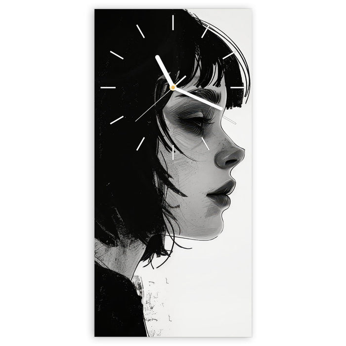 Wanduhr Silhouetten Porträt aus Glas – Hochformat 30 × 60 cm mit Ziffernblatt Linie