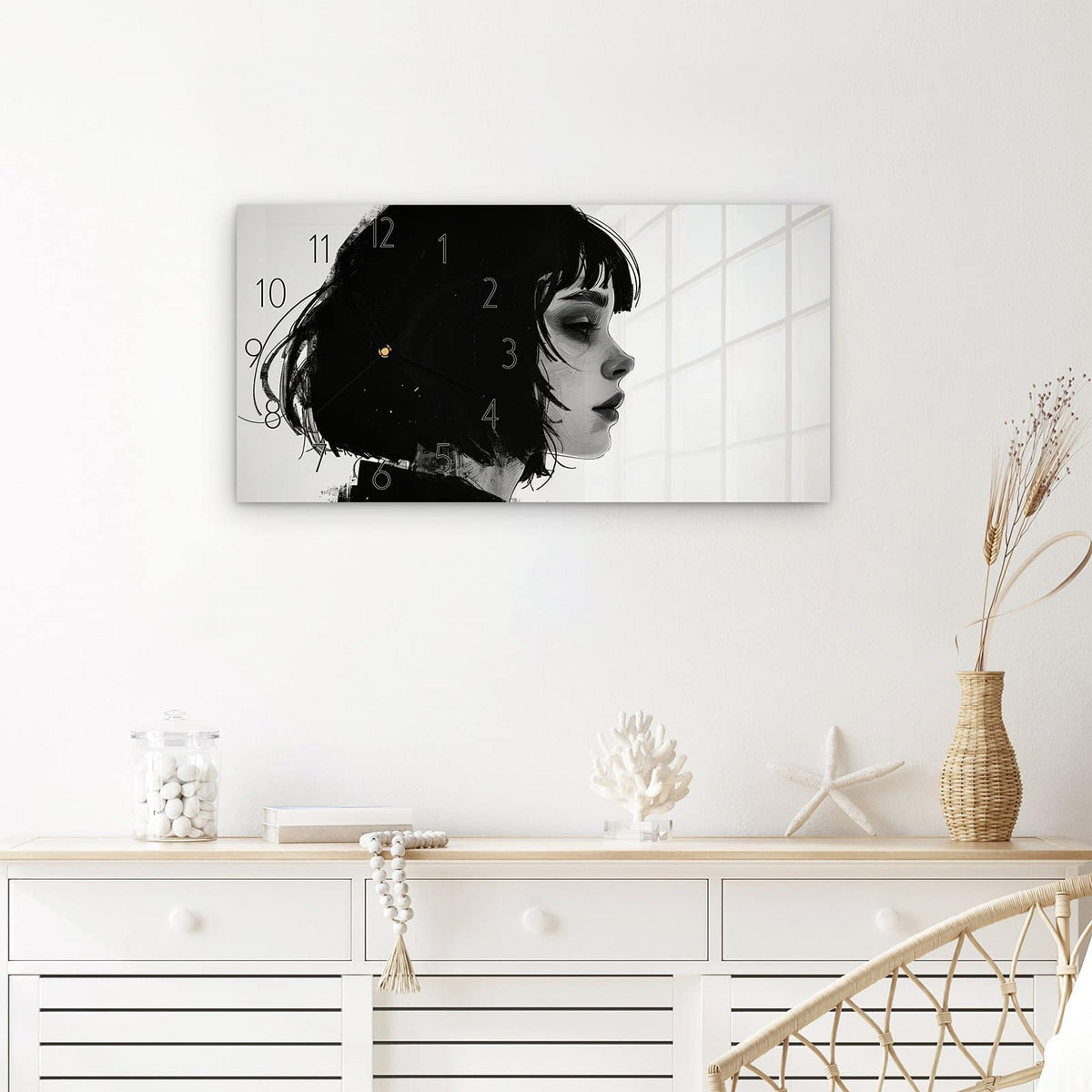 Wanduhr Silhouetten Porträt aus Glas – Querformat 60 × 30 cm – Frauenprofil mit geschlossenen Augen