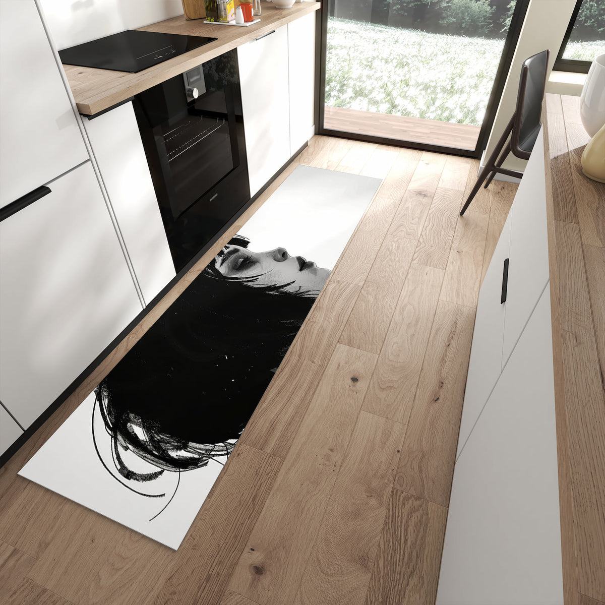 Waschbarer Küchenteppich mit Motiv Silhouetten Porträt in moderner Küche
