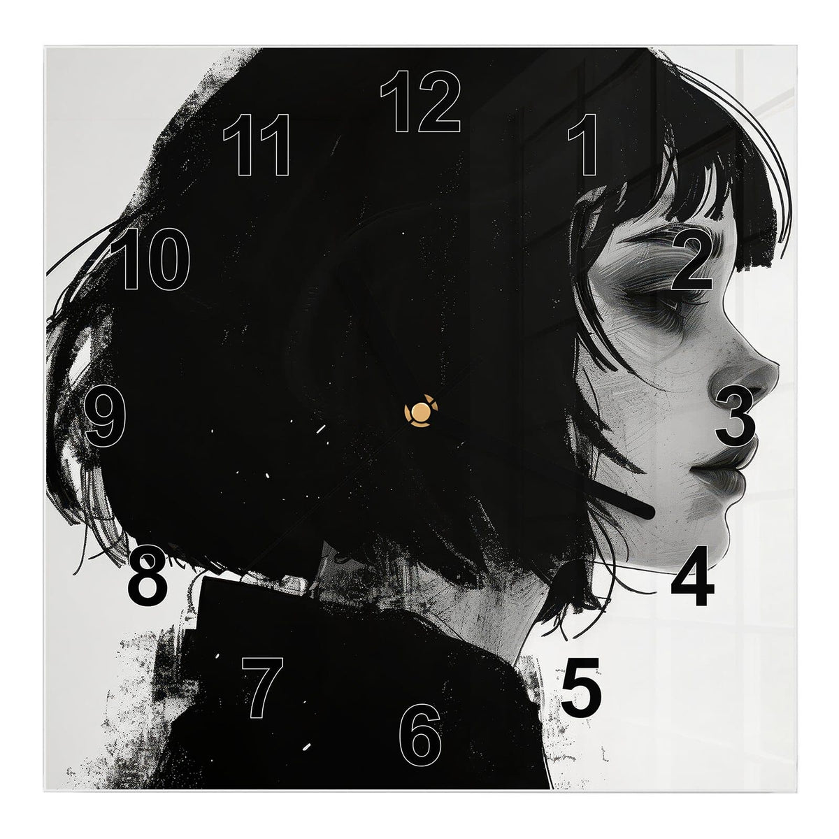 Wanduhr aus Glas, Ziffernblatt Modern: Schwarz-weißes Profil eines Mädchens mit schwarzem Bob und geschlossenen Augen #ziffernblatt_Modern