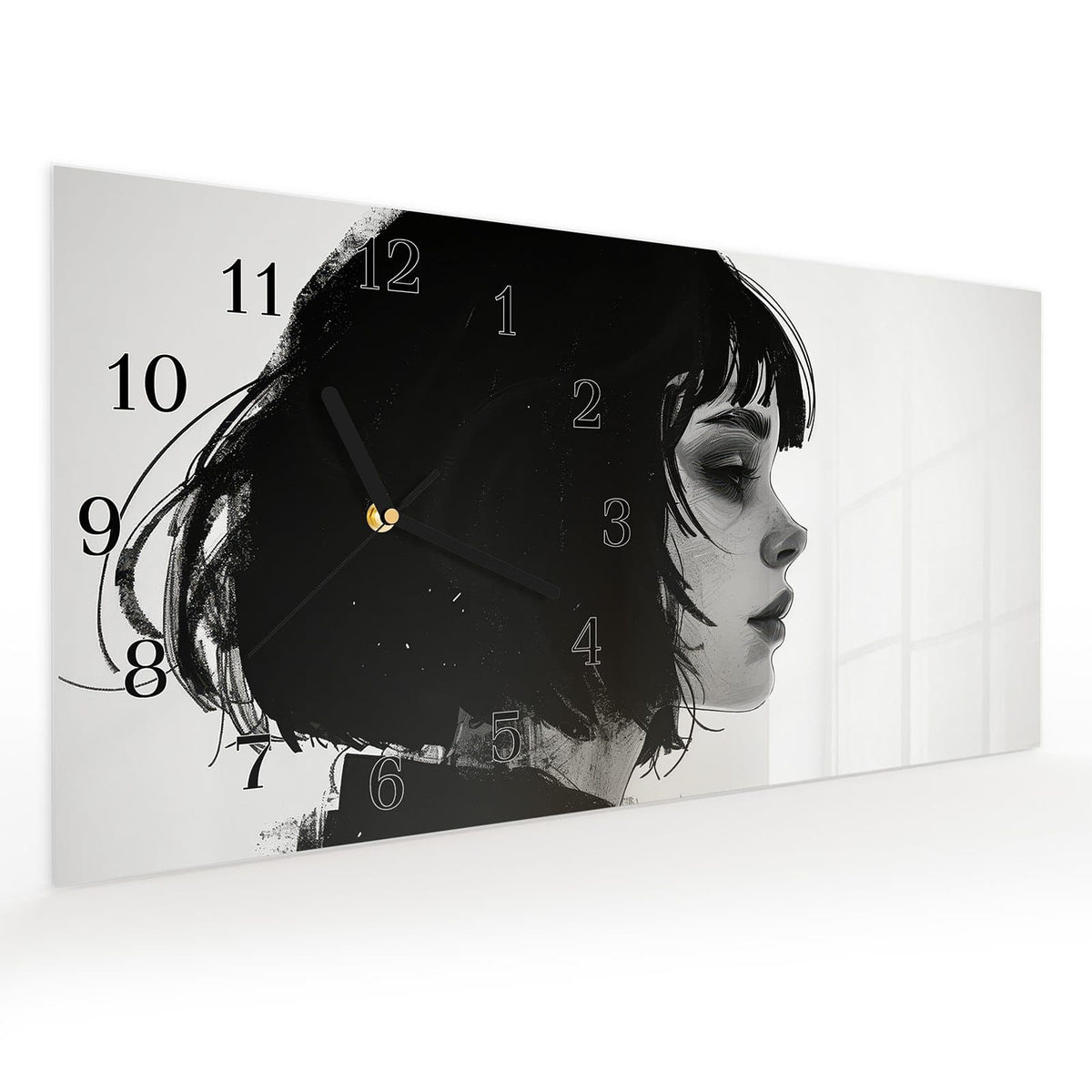 Vormontiert – mit Schwebeeffekt – Wanduhr Silhouetten Porträt aus Glas – Querformat 60 × 30 cm