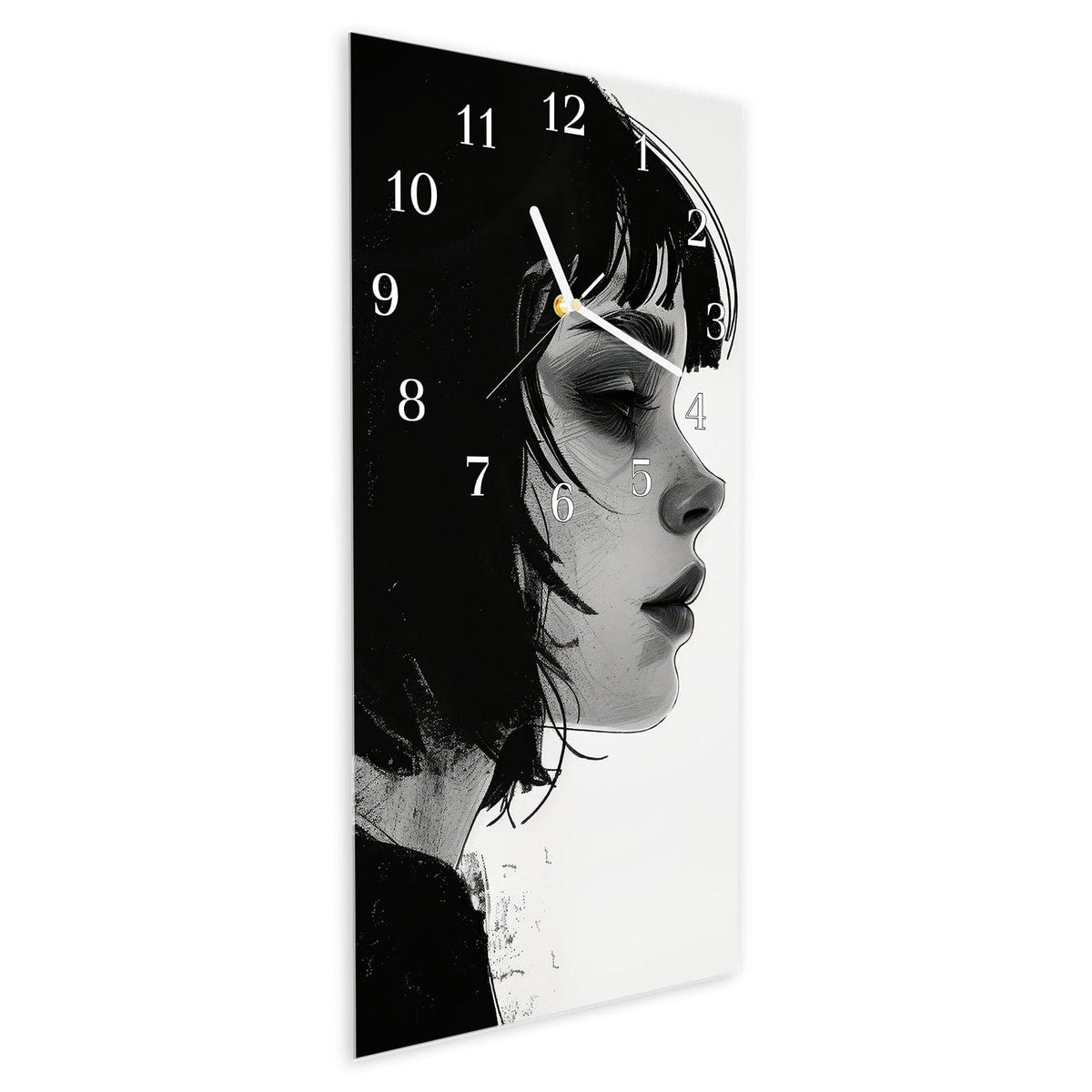 Vormontiert – mit Schwebeeffekt – Wanduhr Silhouetten Porträt aus Glas – Hochformat 30 × 60 cm