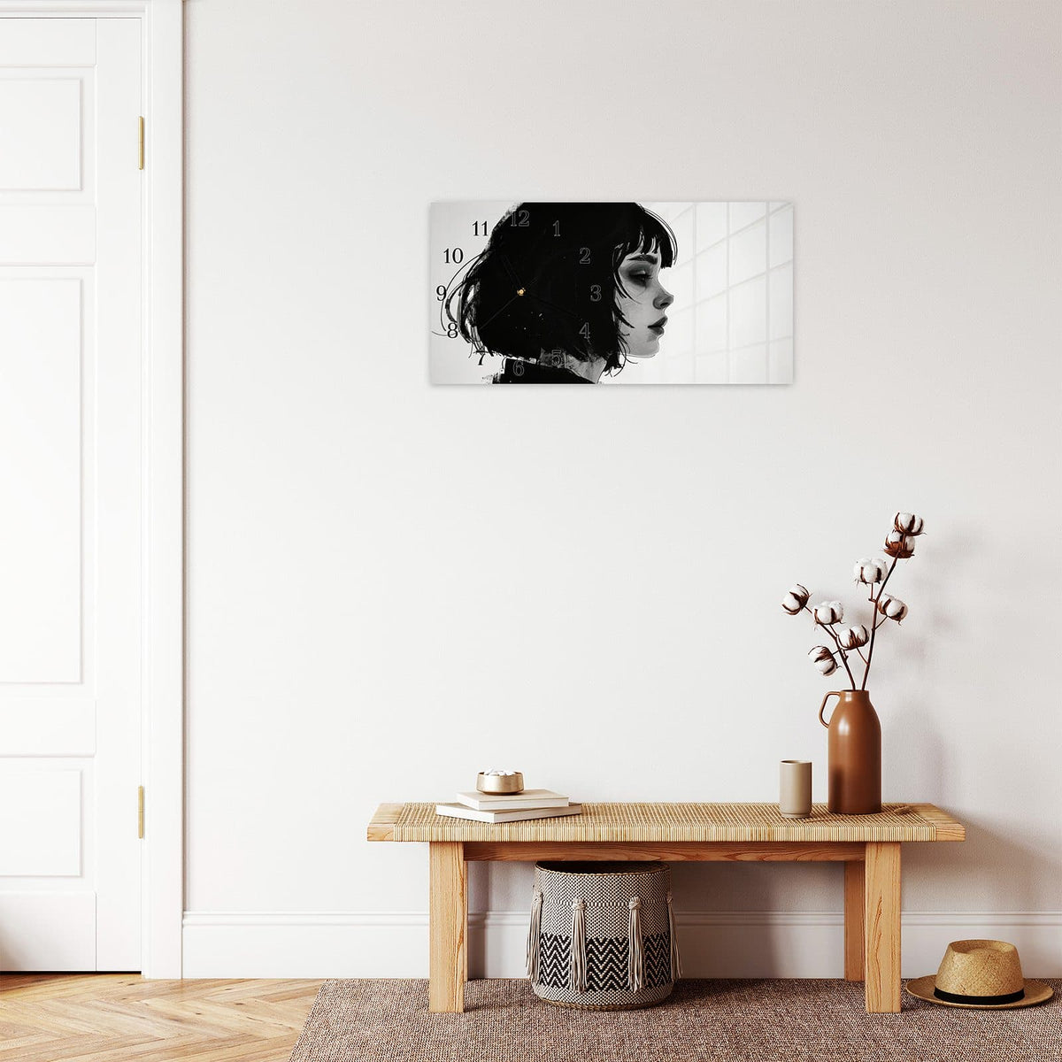 Moderne Wanduhr aus Glas mit Farbtiefe – Wanduhr Silhouetten Porträt aus Glas – Querformat 60 × 30 cm