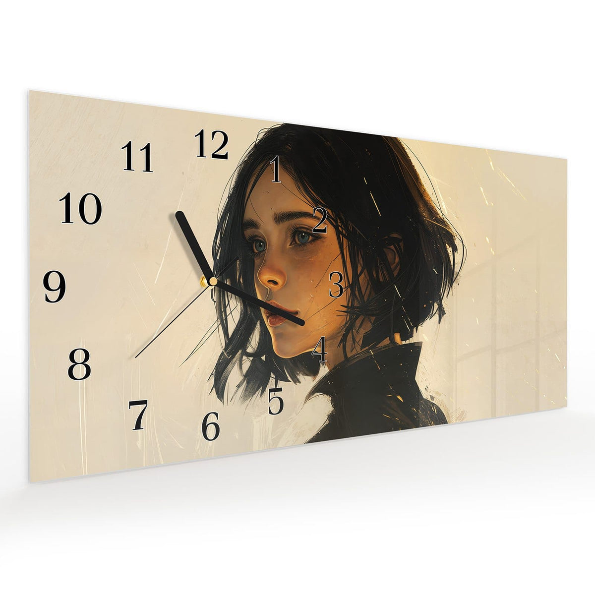 Vormontiert – mit Schwebeeffekt – Wanduhr Porträt junge Frau aus Glas – Querformat 60 × 30 cm