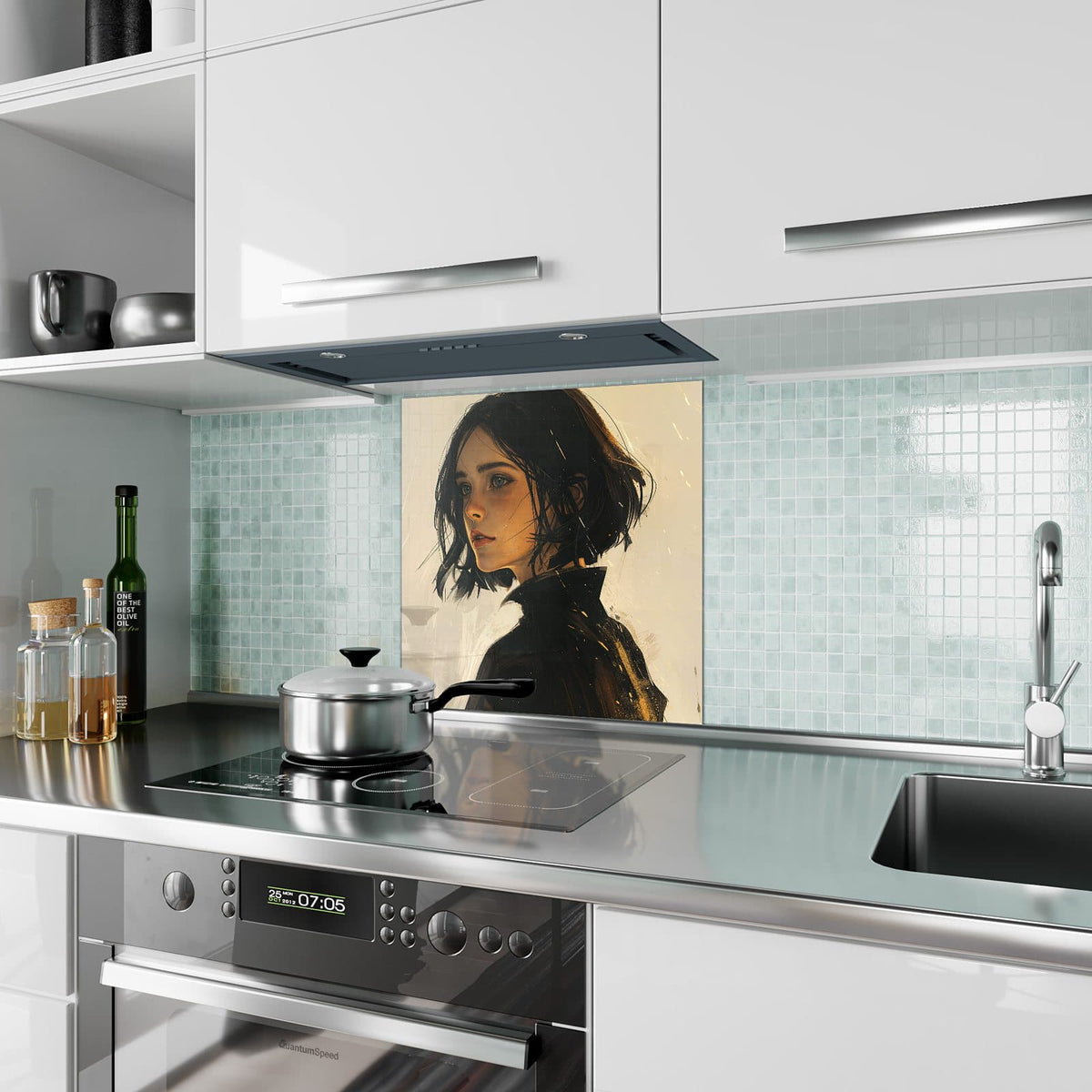 Küchenrückwand aus Glas Frau mit dunklem Bob im quadratischen Format als Spritzschutz hinter dem Kochfeld, über dem Fliesenspiegel montiert