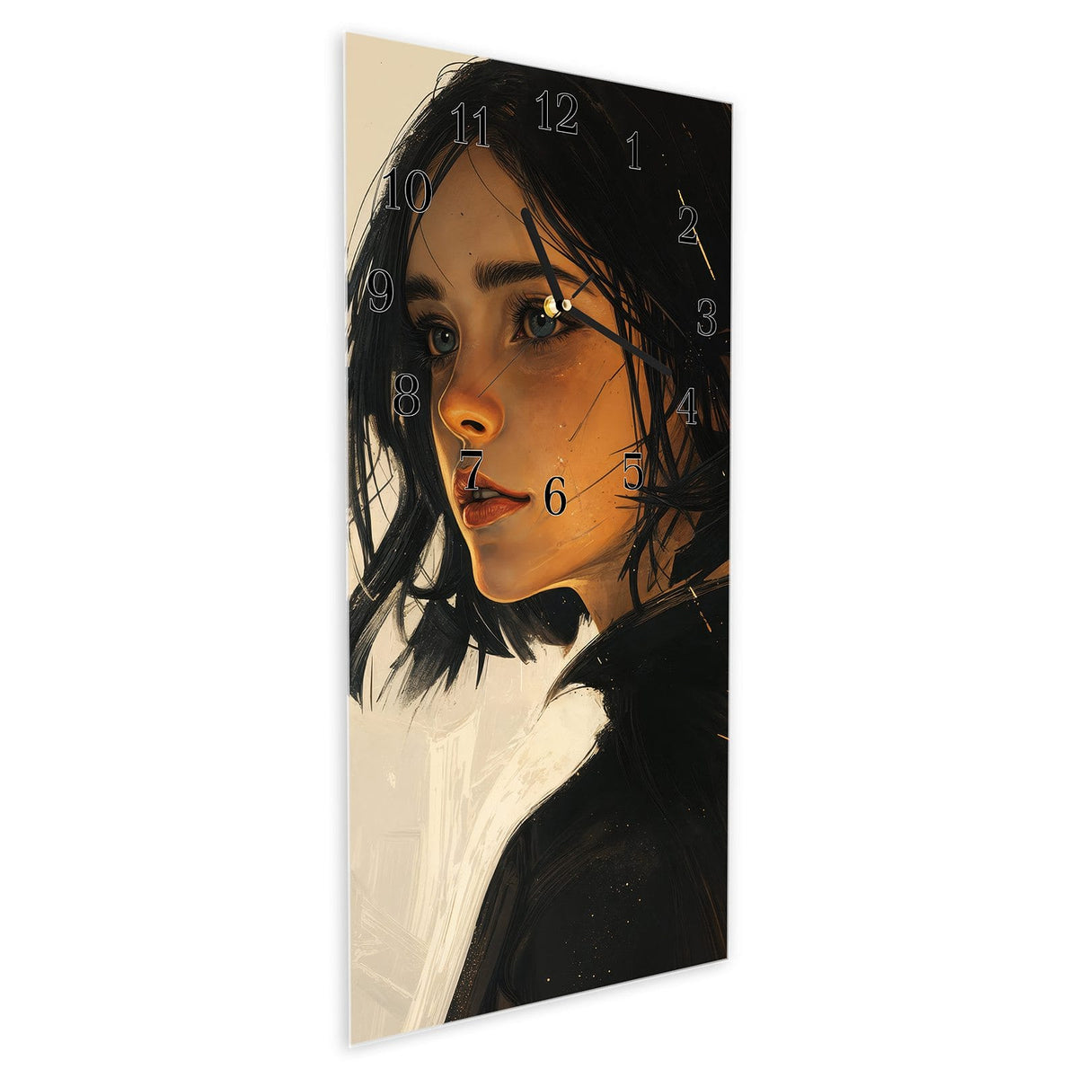 Vormontiert – mit Schwebeeffekt – Wanduhr Porträt junge Frau aus Glas – Hochformat 30 × 60 cm
